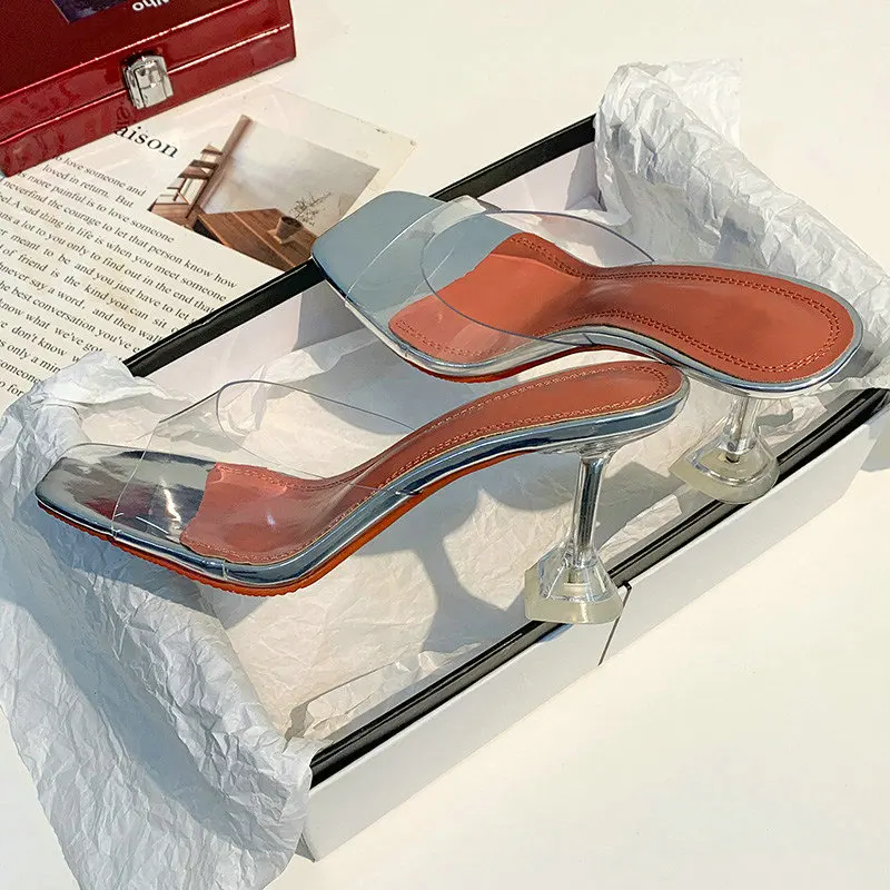 Прозрачные Шлепанцы из ПВХ пикантные женские туфли на высоком каблуке со стразами и открытым носком Прозрачные шлепанцы на высоком каблуке 7 см/9 см