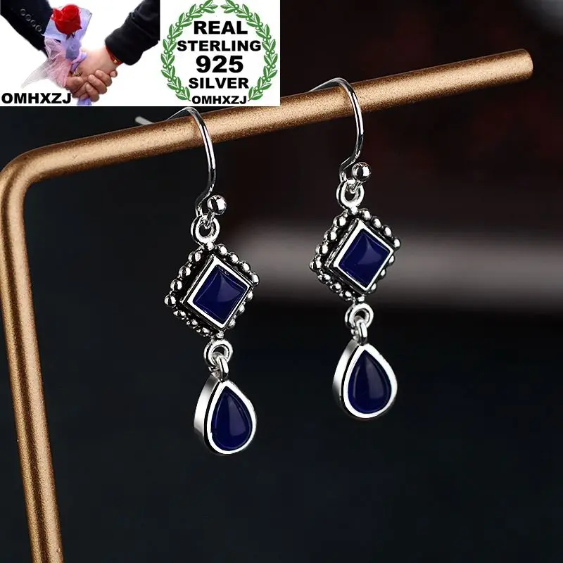 

OMHXZJ Wholesale European Fashion Woman Girl Party Wedding Gift Vintage Blue Lapis S925 Sterling Silver Drop Earrings EA365