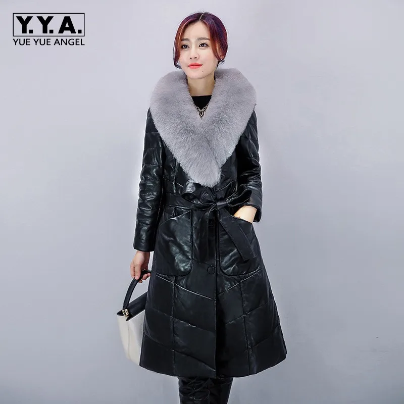 

Winter Women Pu Leather Down Jacket Sashes Office Ladies Slim Fit Warm Outerwear Overcoat Fur Collar Long Coat Casaco Feminino