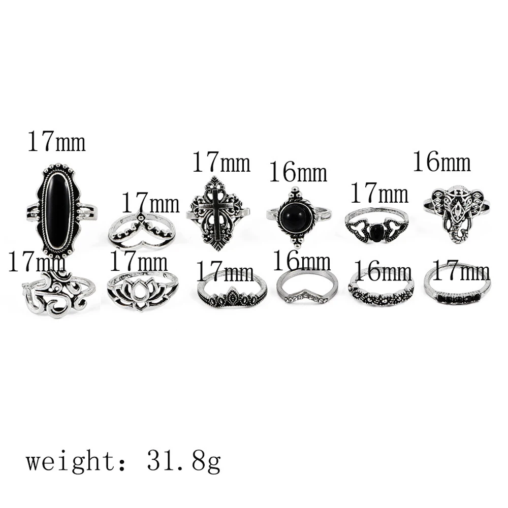 12 шт./компл. Женская индивидуальность Панк большое Ювелирное Украшение крест Лотос слон серебряное кольцо с сердцем набор вечерние свадебные ювелирные изделия кольца подарок