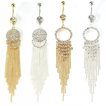 High Quality Long Rhinestone Tassel Belly Button Piercing nombril pendant Surgical Steel Navel Piercing Bell Stud Body Jewelry