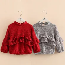 Kids Lace Bottoming Shirt 2016 New Fall Kroean Baby Girl Ruffled Pullover Top Pretty Cute Children’s Clothing Full Sleeve Blouse