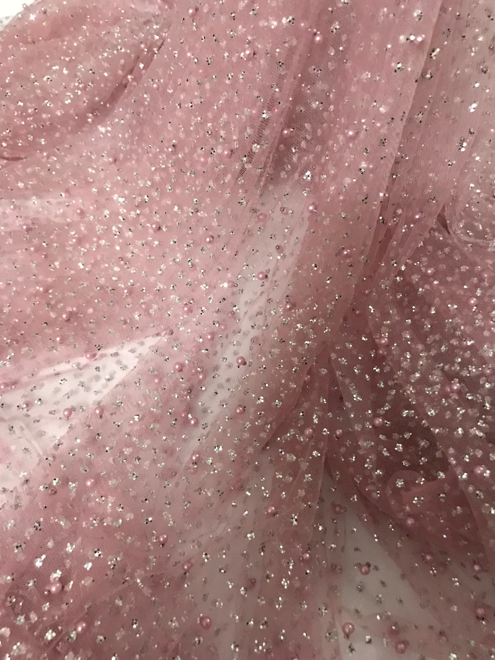 

Pink color glued glitter sequins lace fabric with beads High quality African sequence embroidered tulle fabric for party dress