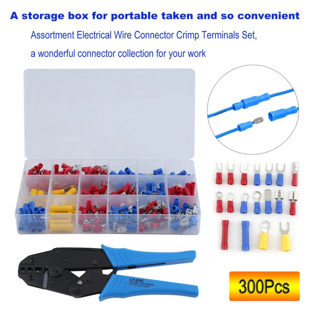 

300Pcs Insulated Assorted Electrical Wire Terminals Plier Set Insulated Cable Crimp Connectors Spade Terminal Crimping Tool NEW