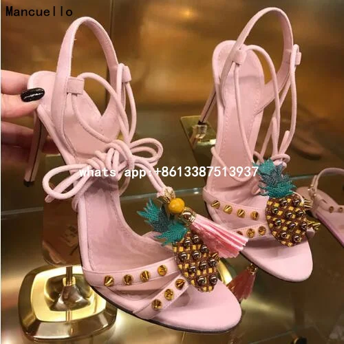 2017 Fashion Women Mancuello Summer Sandals Sexy Pink Lace Up Tassel High Heels Peep Toe Soft Leather Party Wedding Shoes 40