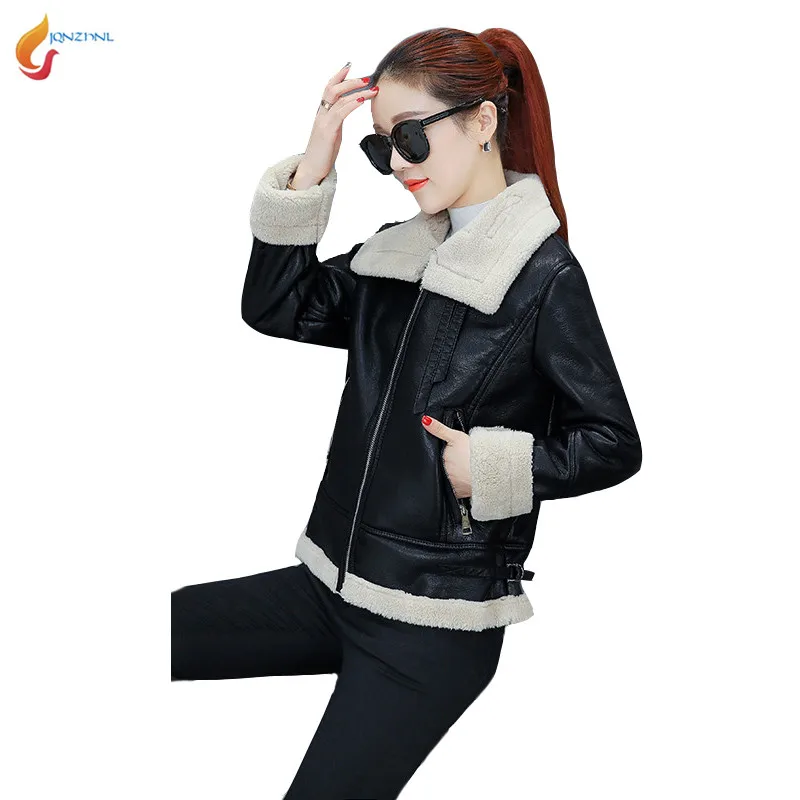 

JQNZHNL 2019 New Thicken Leather Jackets Women Lamb Wool Stitching Short Leather Jacket Outerwear Fashion Slim Leather Coat C274