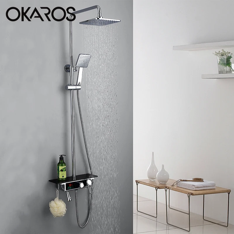 OKAROS Bathroom Bathtub 8 Inch Shower System Smart 3-Functions Brass Diverter Valve With Full Digital Display Shower Faucet Set OKAROS Bathroom Bathtub 8 Inch Shower System Smart 3-Functions Brass Diverter Valve With Full Digital Display Shower Faucet Set