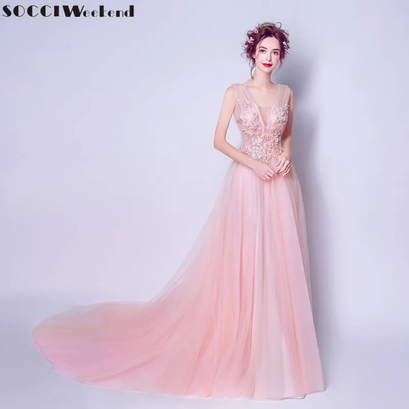

SOCCI Pink Long Evening Dresses Women Sexy Deep v neck lace flowers Bridal Dress Elegant formal Wedding Party vestido de noite