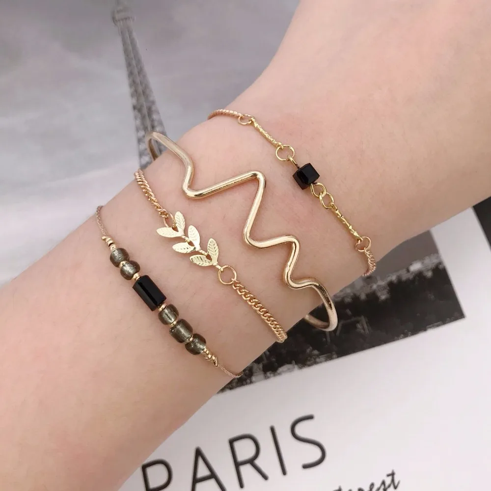 

Adjustable Multilayer Wave Leaf Beads Bracelets Sets for Women 2018 New Gold OL Bracelets Bangles