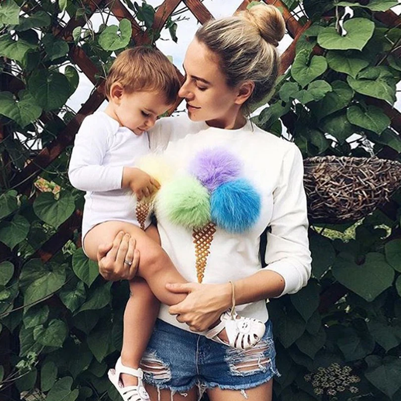 2016 Fashion t-shirt Long Sleeve Tee Shirt Sexy o-neck women Tops Ice-cream Women T Shirt with Colorful hairball shirt