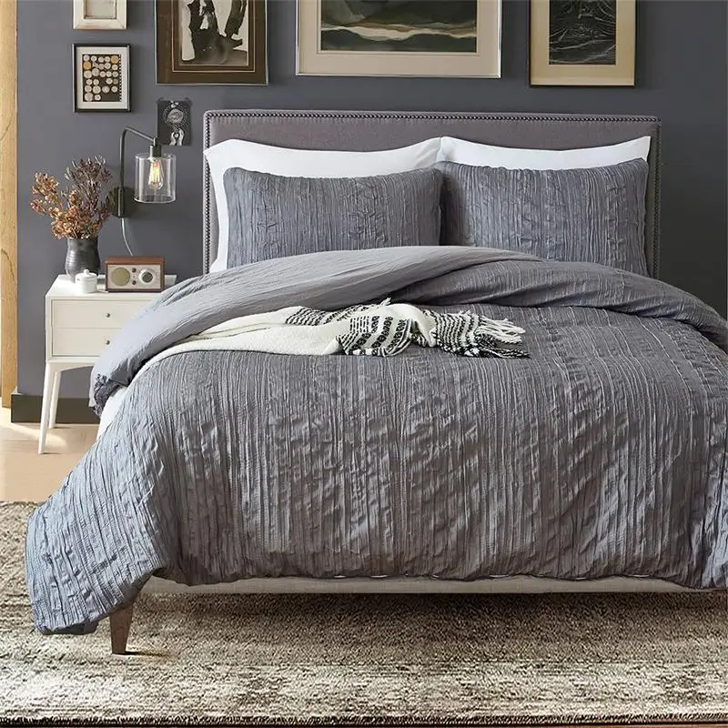 

Home textile bedding 100% polyester pleated solid color pillowcase sheets adult bedding set of 3pcs