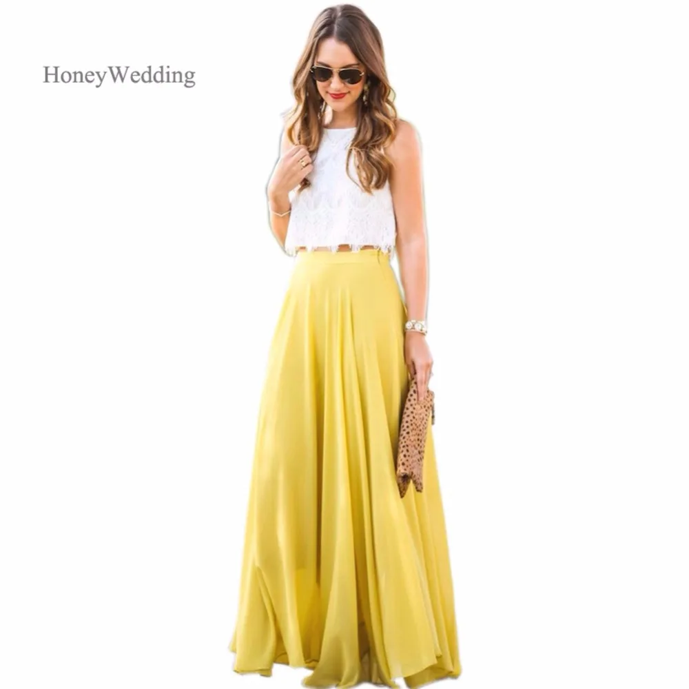 Summer Style Chiffon Party Skirt A Line Floor Length Maxi Skirt Yellow