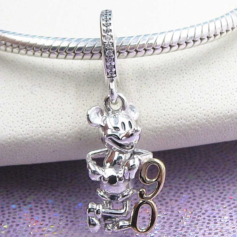 

New 925 Sterling Silver Bead Charm Cartoon Mouse Mickey's 90th Anniversary Pendant Beads Fit Pandora Bracelet Bangle DIY Jewelry