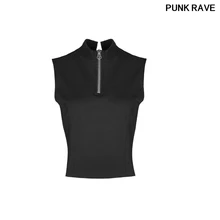 Модное платье без рукавов на молнии с воротником-стойкой Особенности вымывает на спине футболка готический черный Для женщин футболка PUNK RAVE OPT-168TDF