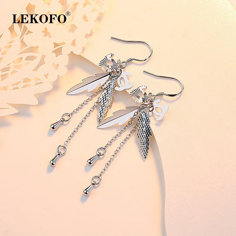 

LEKOFO New Brand Fashion Fringe Drop Earrings Jewelry Korea Sweet Bow Long Tassel Dangle Earrings For Women