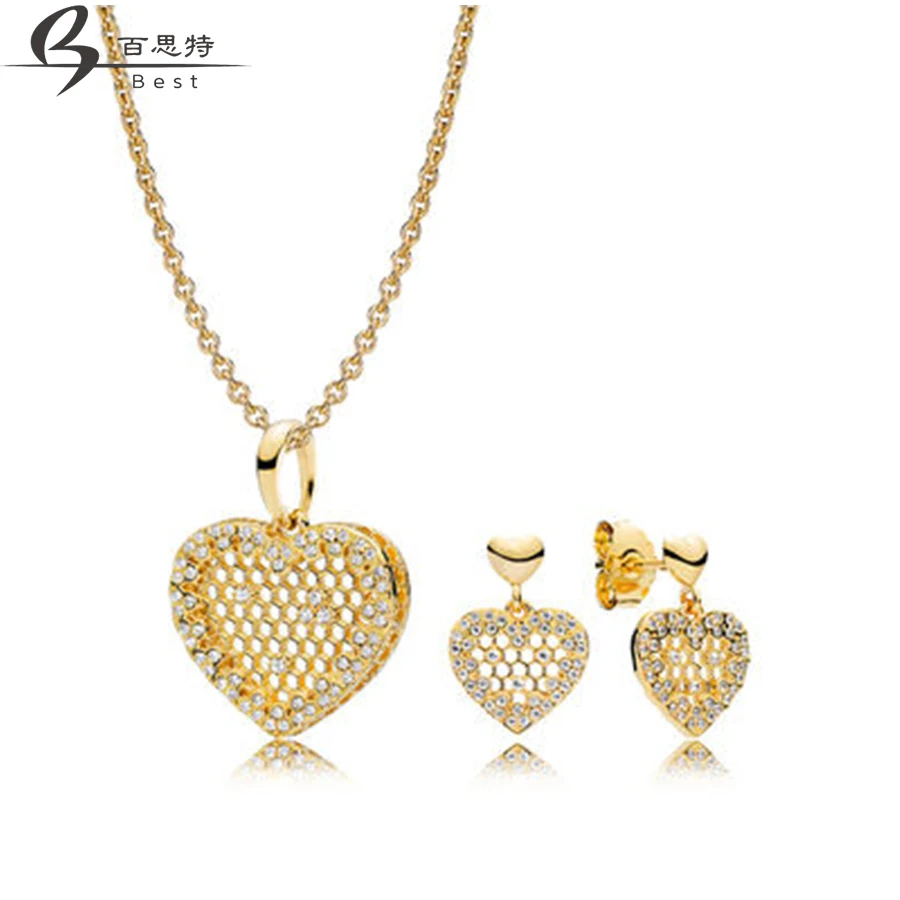 

BEST 100% 925 Sterling Silver New 1:1 Genuine Beehive Heart Shape 18K Gold Hollow Charm Pendant Necklace Set
