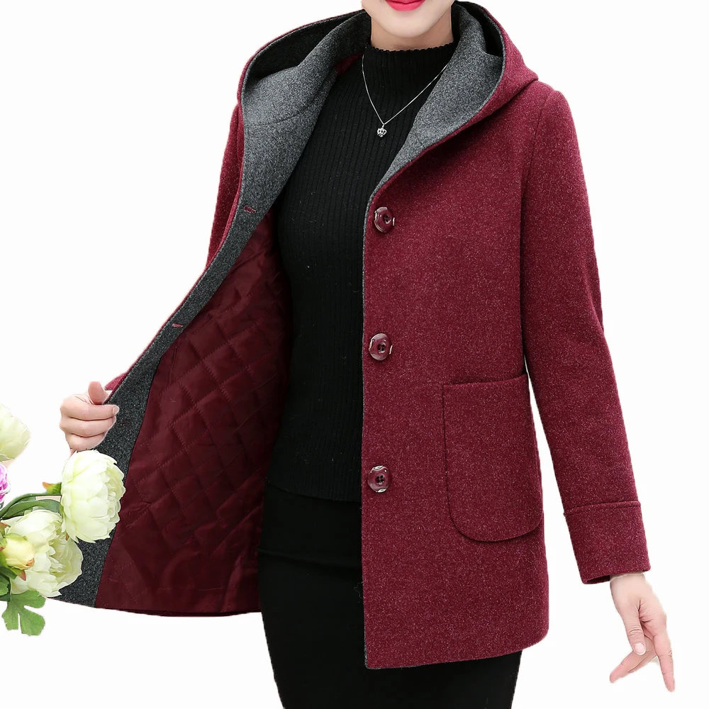 

Winter Woman Tweed Hooded Coat Thicken Quilted Overcoat Female Red Green Wool Blends Pea Coats Women Warm Hood Woollen Outerwear