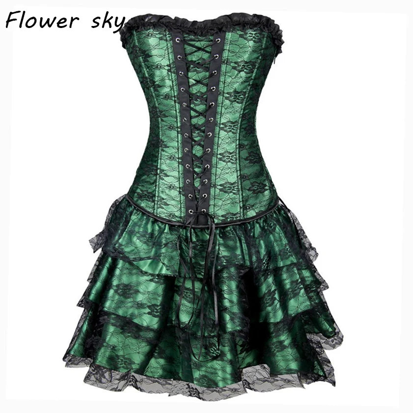 

Lace Corset + Skirt Sexy Women Corset and Bustier Burlesque Club wear Gothic Corset Dress lace Waist Trainer Green Black Red set
