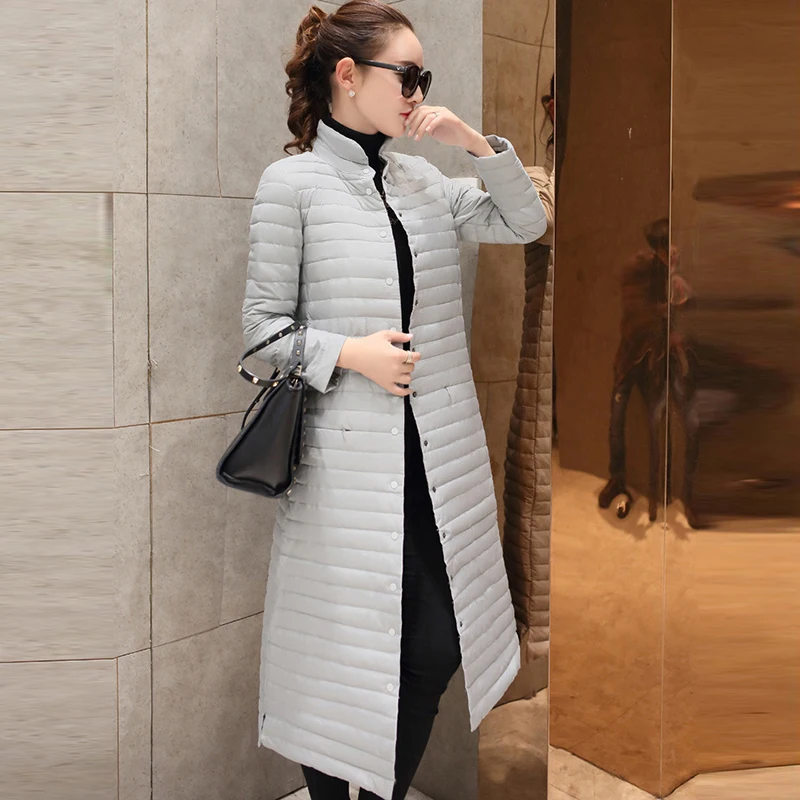 

White Duck Down Coats Casual Outwears Women Long Light Thin Down Coats Spring Autumn Stand Collar Slim Down Jacket RE2008