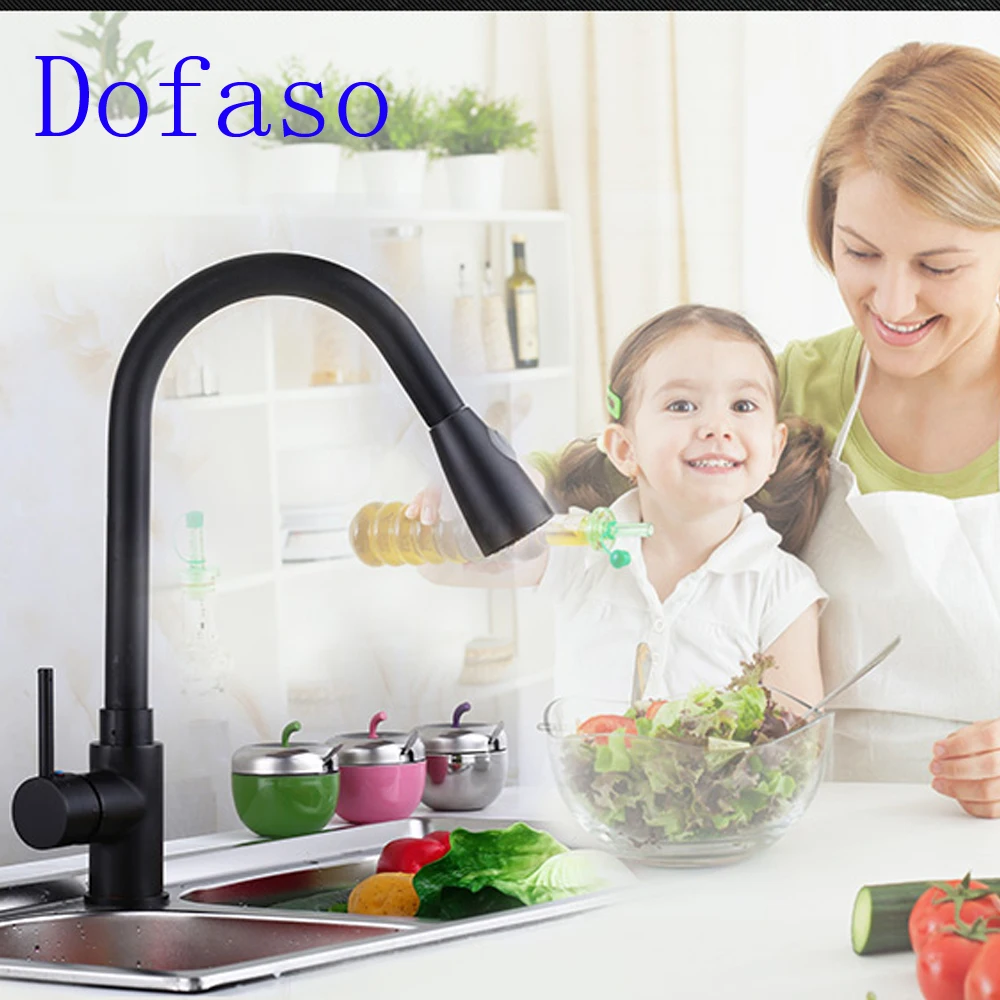 Dofaso drawing faucet single handle tap deck mounted black kitchen faucet pull down Dual Sprayer Nozzle
