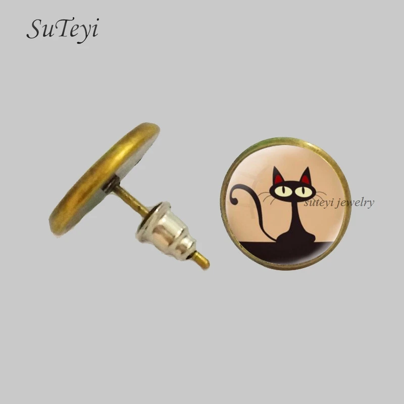 SUTEYI мультфильм Черный кот Картина стеклянные серьги Kawaii гвоздики с животными для
