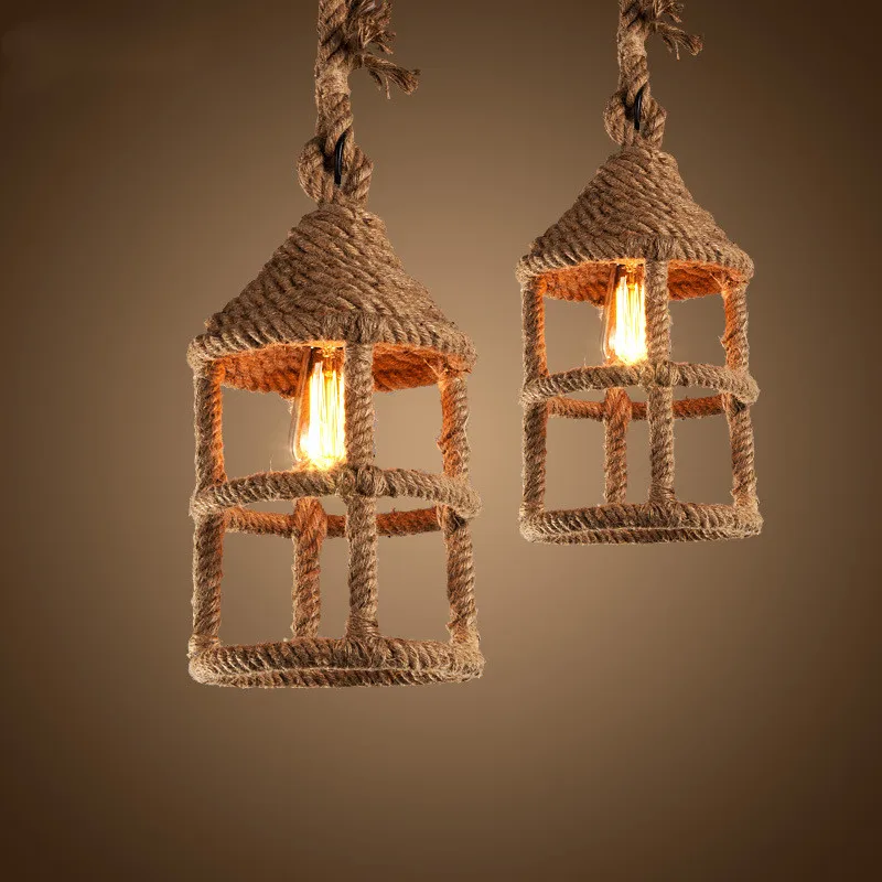 

Nordic Style Iron LED Pendant Light Loft Industrial Lighting Creative Hemp Rope Lantern Shape Retro Bar Living Room Hanging Lamp