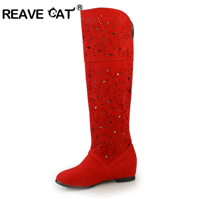 Женские сапоги с вырезами REAVE CAT летние высокие из искусственной кожи и флока на