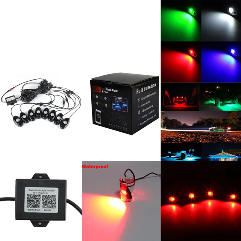 

8 Pods RGB Waterproof Decoration Rock Lights Multi-Color Deck Atmosphere Lamp with Bluetooth Control Box for Marine RV Boat