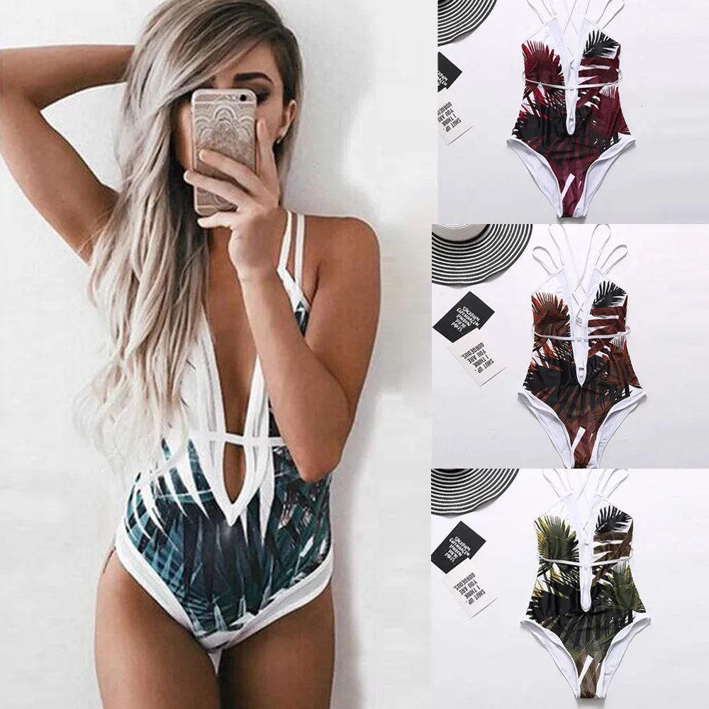 

Women's Plus Size One Piece Tropical Leaf Print Cross Strap Splice Swimsuit Swimwear Bathing Suit Monokini Bikini Biquini Plavky