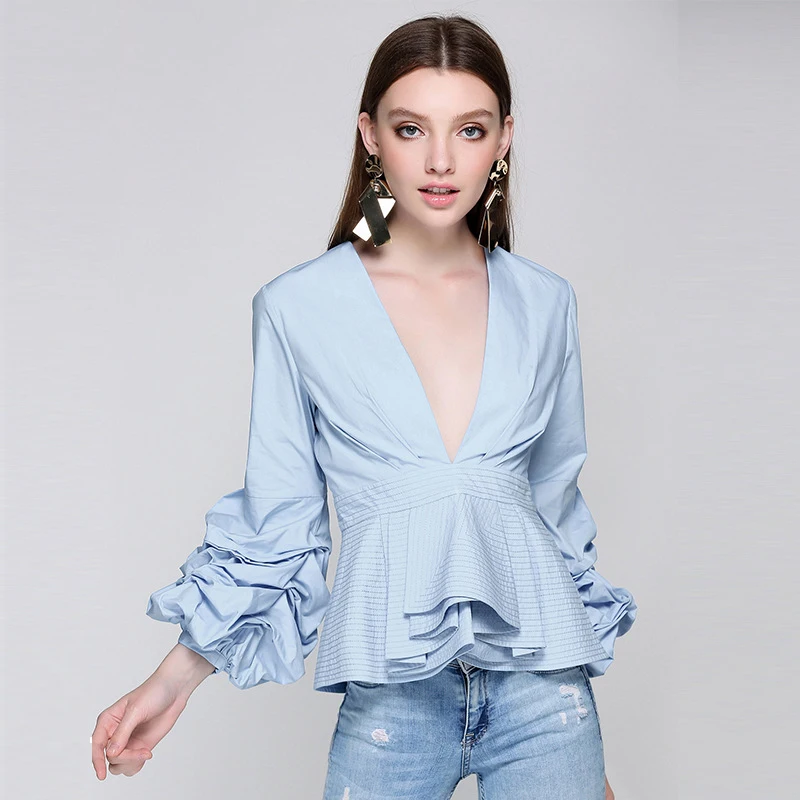

Deep V Neck Ruffle Irregular Cuff Long Sleevee Solid Shirts Office Lady Slim Women Long Sleeve Blouse Shirt Woman Tops
