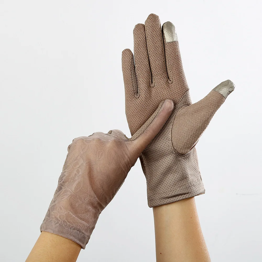Сексуальные кружевные перчатки для защиты от солнца, летние женские тянущиеся тонкие перчатки для сенсорного экрана с защитой от ультрафиолета, противоскользящие перчатки для вождения, дышащие, Размер 23 см