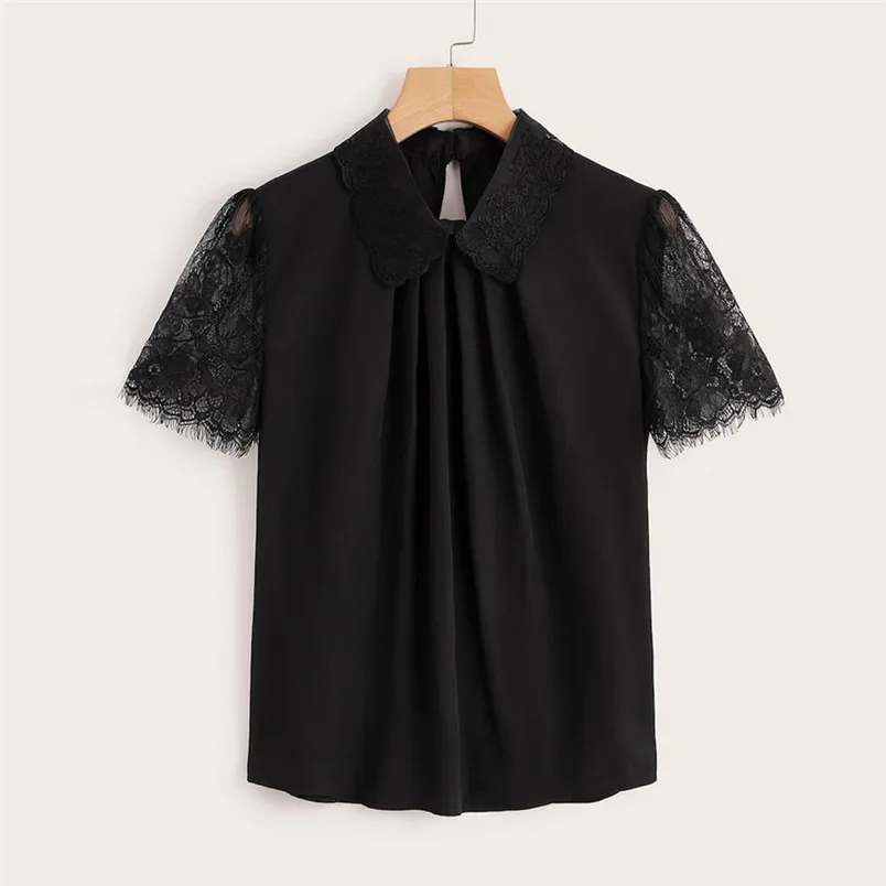 New Design Comfortable Womens Women Lace Solid Pullover Top Black Soft Daily Summer Clothing For Women Ladies 35JU12 (7)