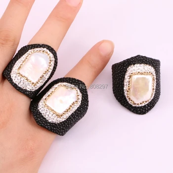 

5Pcs irregular shaped nature pearl ring rhinestone crystal paved adjustable fishskin rings