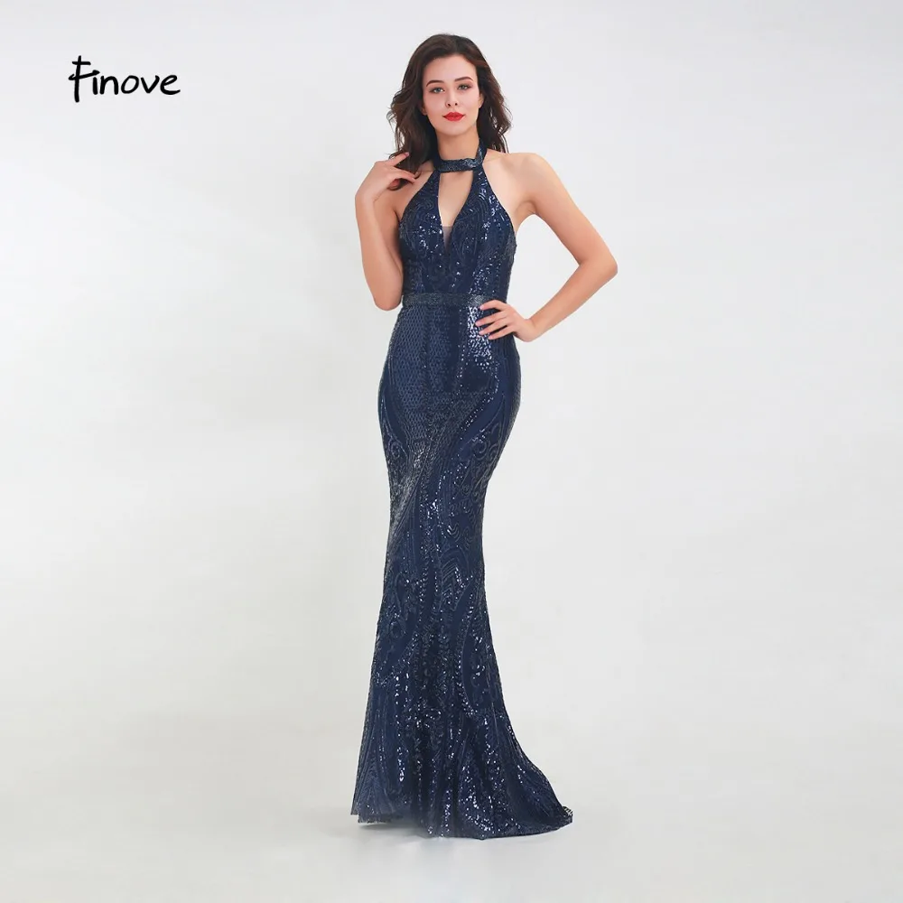 

Finove New Reflective Dress 2019 Long Evening Dress Sexy Halter Backless Shiny Sequins Floor Length Mermaid Dress Gowns For Lady