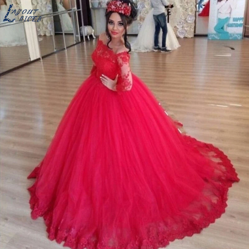 

Fashionable Red Ball Gown Evening Dress Lace Appliques Long Sleeves Saudi Arabic Robe de Soiree 2016