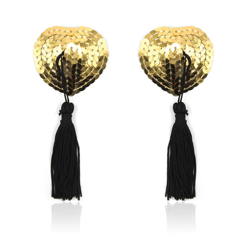 Shiny Sequin Lingerie Breast Bra Stickers Nipple Covers with Gold Metal Tassel