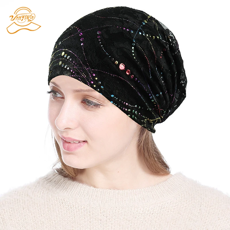 

Hats For Women Beanie Spring Autumn Knitted Hat Cap Lace Flower Skullies Slouchy Beanie Bonnet Womens Turban Hat Gorros Sequins