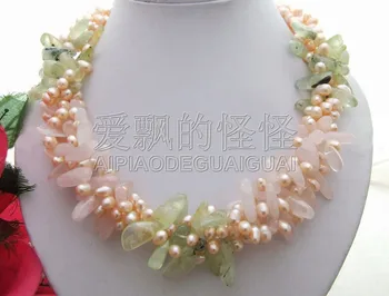 

N070907 19" 4Strands Pearl & Green Stone Rose Necklace