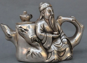 

decoration bronze factory outlets Tibet Silver 7"Marked Old Chinese Silver famous Great poet Li Bai Statue Wine TeaPot Flagon