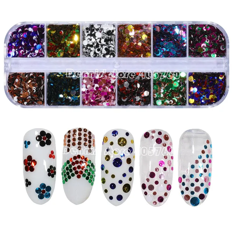 

12 Grids/Set Glitter Mix Colors Mix Sizes Round Sequins Nail Art Stickers Slice Decorations Makeup DIY Manicure Design CF