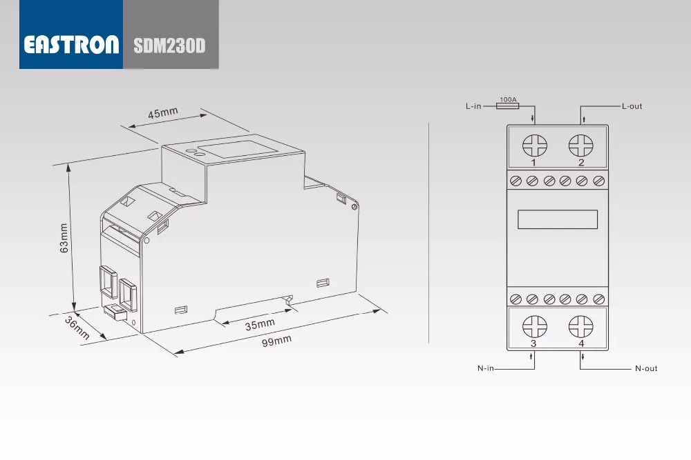 SDM230D одного метра энергии фазы, по умолчанию 220/230 В, импульсный выход, 2 P кВтч метр, Мощность, ваттметров, прямое подключение 100A