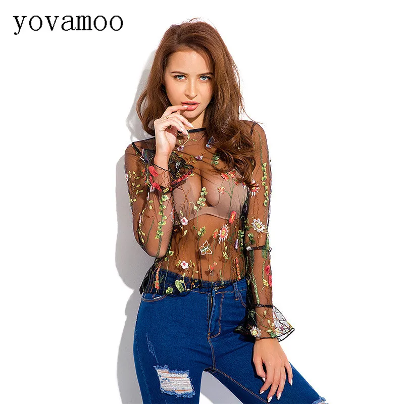 

Yovamoo Summer Tops For Women 2018 Sexy Perspective Gauze Lace Black Floral Embroidery Top Women's Clothing Vintage Blouse