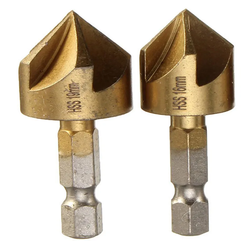Shina 6PCS Set 90 Degree Hexagonal Shank Five Blade 6mm-19mm Chamfer Chamfering Tool Boring Machine Woodworking Countersink Bit