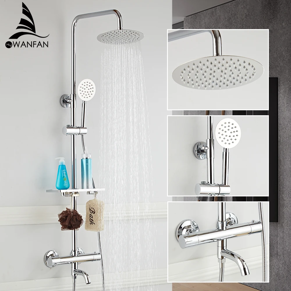 Shower Faucets Brass Chrome Thermostatic Bathroom Wall Bathtub Faucet Rain Shower Head Handheld Square Mixer Tap Sets 877838L