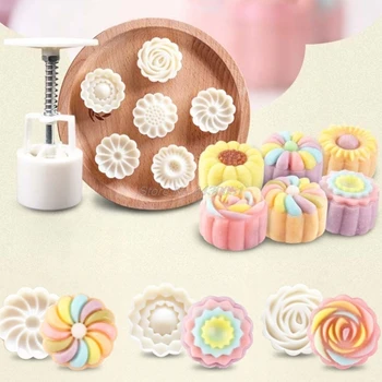 

Moon Cake Mould Mold with 6Pcs Stamps Round Flower Pastry Mooncake Hand DIY Tool