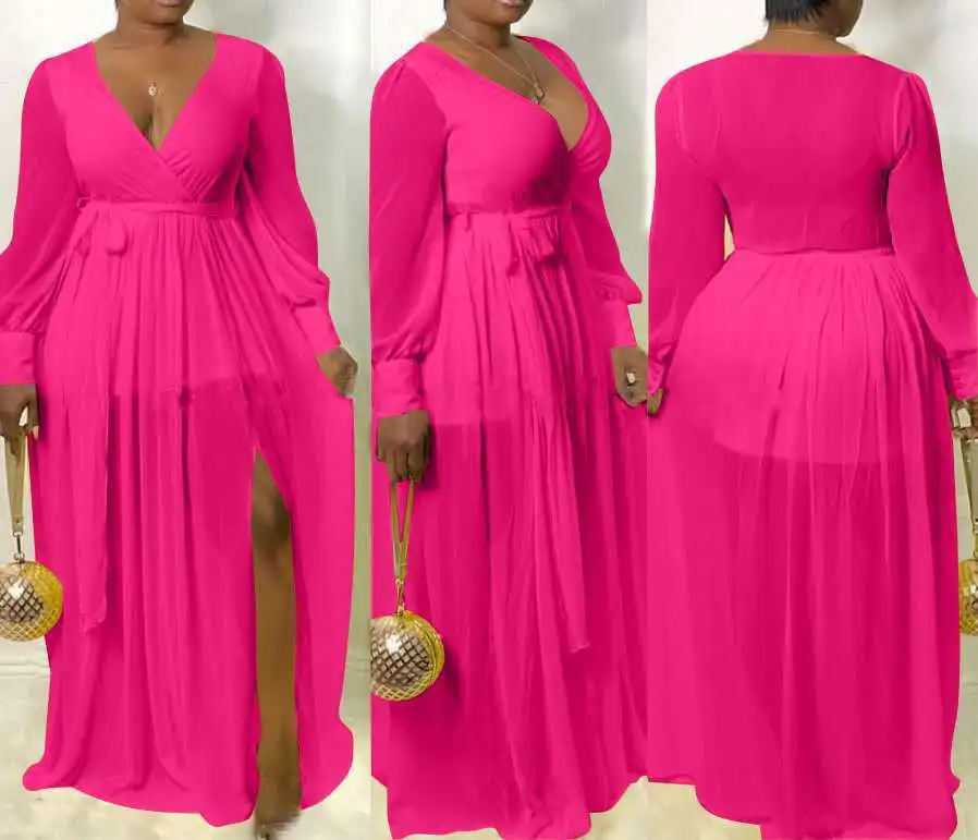 

Fashion v neck women sexy dress solid long sleeve sexy boho dress high split women maxi dress 9025