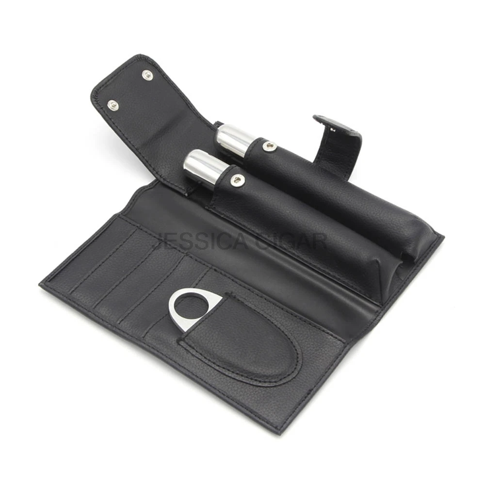 Black Portable Cigar Set Travel Cigars Case Leather Cigar Case W/ 2