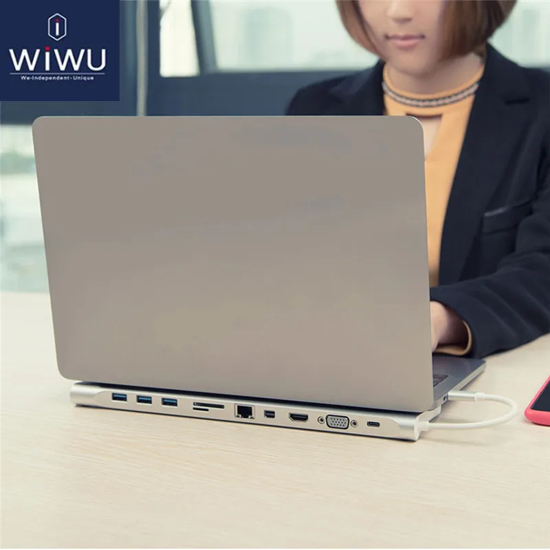 

WIWU USB Multi-function 11 in 1 Type-C Docking Station for MacBook Aluminum USB 3.0 to HDMI/VGA Universal Docking for Dell