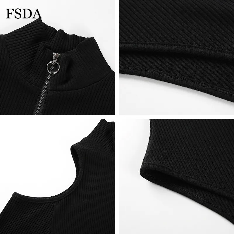 FSDA Zipper Hollow Out Turtleneck Bodysuit Women Black White Winter Long Sleeve Autumn Sexy V Neck Streetwear Body Top Jumpsuit