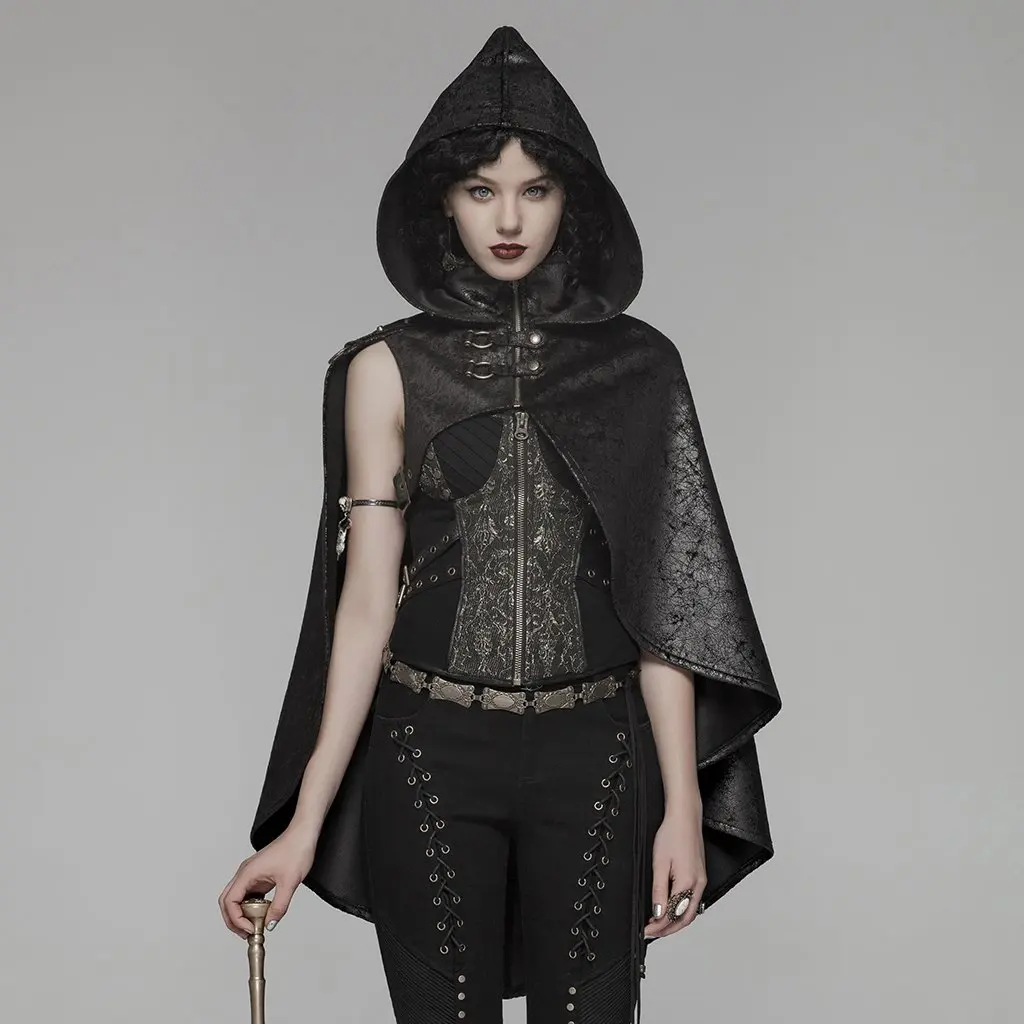 

PUNK RAVE Women's Gothic Faux Leather Halloween Witch Hooded Cloak Stage Perform Steampunk Party Cloak Cape